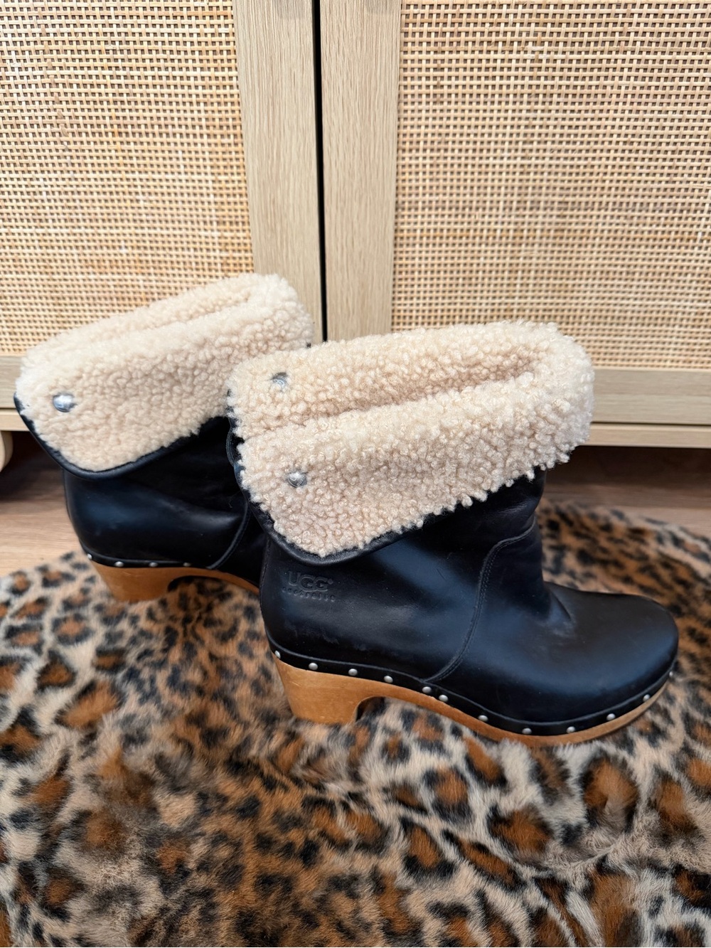UGG Black Leather Shearling Clog Boots with Cream Cuff